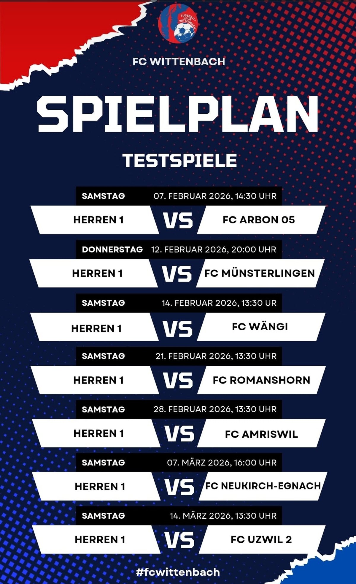 FC Wittenbach Testspiel gegen Arbon 05 beginnt neu um 14:30 Uhr